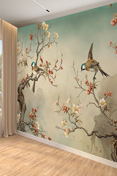 dreamwall Kuş ve Çiçek Desenli Sisli Orman Tekstil Duvar Kağıdı