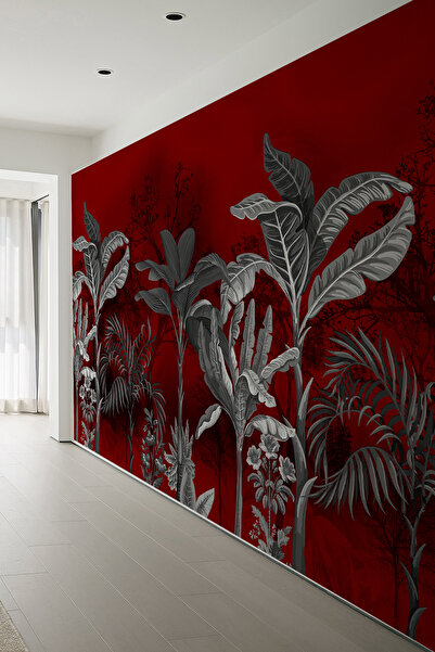 dreamwall Kırmızı Fon Gri Siyah Tropikal Yaprak Desenli Tek Parça Silinebilir Tekstil Duvar Kağıdı
