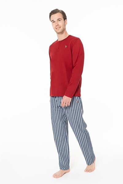 U.S. Polo Assn. Erkek Pijama Takım, Alt Çizgili, Üst Düz Renk Düğmeli Yaka