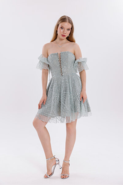 BDM Exclusive Taşlı Kumaş Omuz ve Kola Bağlanabilir Aplikli Kısa Abiye Elbise