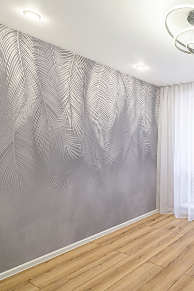 dreamwall Gri Tropik Yaprak Desenli Modern Tek Parça Duvar Kağıdı