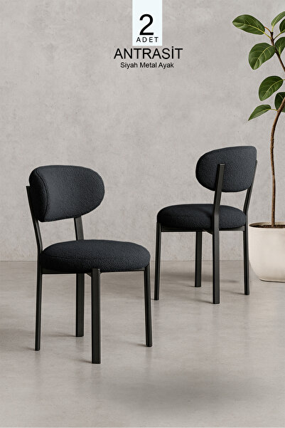 Renlife Vivo Serisi 2 Adet Metal Ayaklı Tedy Kumaş Sandalye (antrasit)