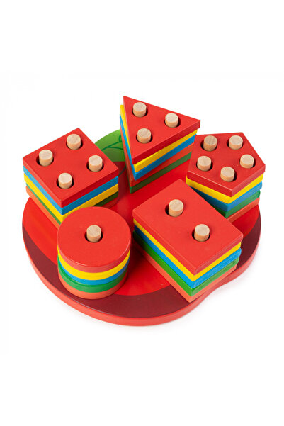 Nurio Jucărie din lemn - Potrivire și stivuire 5 forme geometrice - Măr -