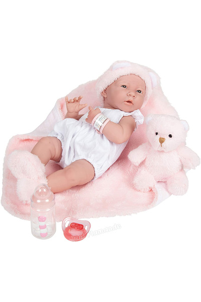 JC TOYS Papusa Bebelus La newborn RG cu paturica blana roz + ursulet