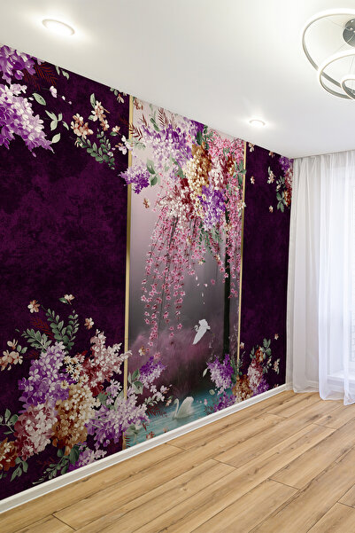 dreamwall Mor Fon Üzerinde Sarkan Çiçekler ve Kuş Figürlü Tekstil Duvar Kağıdı