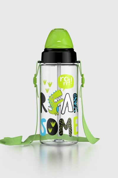 Renga Sonic Air Patterned 500 ml Tritan Children's Water Bottle with Strap and Straw 912058 Black-Green