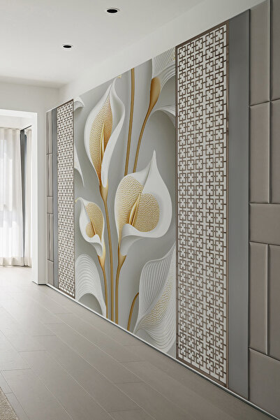 dreamwall Altın Zambak Çiçekli Geometrik Panelli Tekstil Duvar Kağıdı