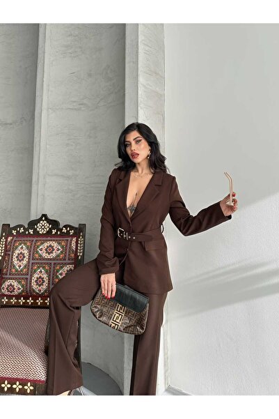 MYGİYİMİSTANBUL Belt Detail Blazer Jacket Wide Leg Pants Set