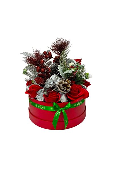 velve Aranjament Flower Christmas LED in cutie rotunda,trandafiri sapun,ornamente de iarna,Rosu-Argintiu