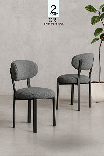 Renlife Vivo Serisi 2 Adet Metal Ayaklı Tedy Kumaş Sandalye (GRİ)