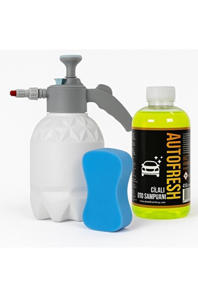 AutoFresh Köpük Pompası + Cilalı Oto Şampuanı 410 gr + Sünger | Araç Yıkama v...