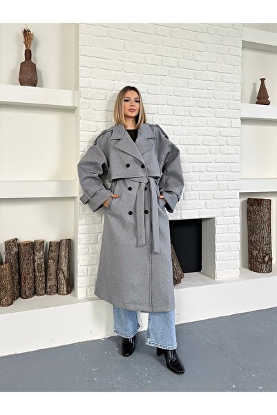 Cistern İstanbul Γυναικείο παλτό μακρύ κασετίνι Premium με γκρι μανίκια και επιλογές στους ώμους