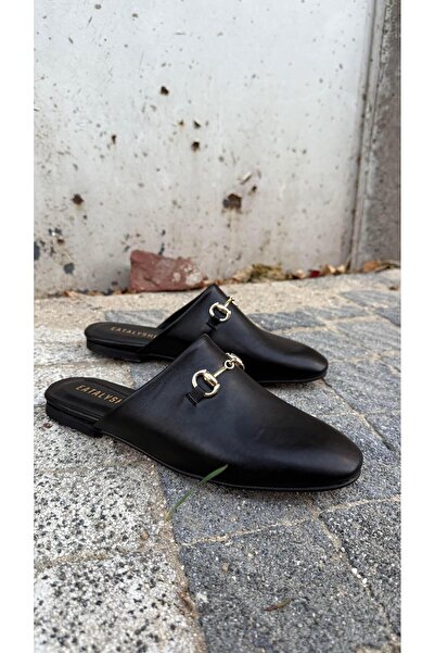 Eataly Shoes Papuci model plat cu cataramă din piele neagră