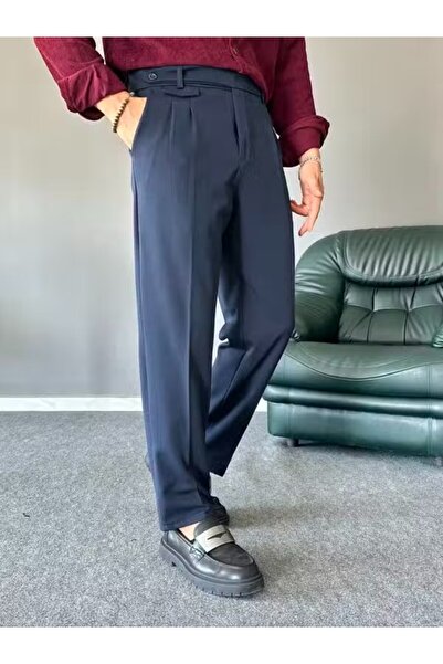 TÜZeMEN Pleated Fabric Pants with Side Button Closure