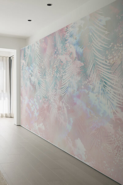 dreamwall Pastel Pembe Mavi Yaprak Bulut Desenli Tekstil Duvar Kağıdı