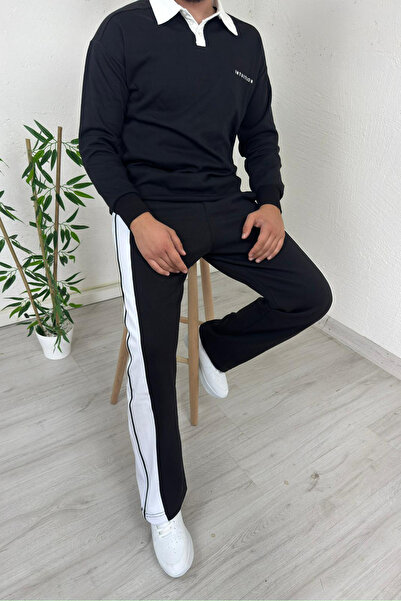 EXPLODE - Erkek Siyah Polo Yaka Baggy Çizgili Günlük Takım
