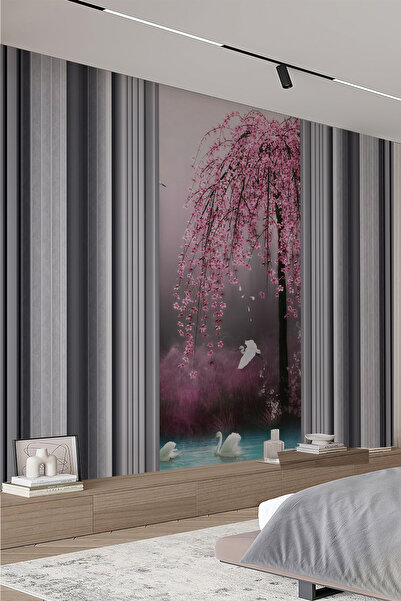 dreamwall Sakura Ağacı ve Kuğulu Manzara Tekstil Duvar Kağıdı