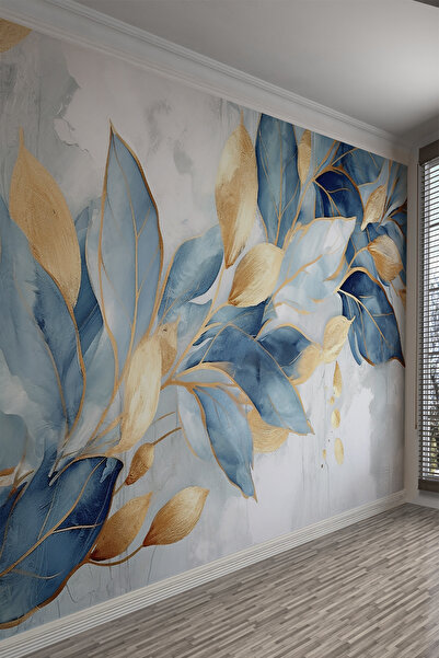 dreamwall Mavi ve Altın Yaprak Desenli Tek Parça Tekstil Duvar Kağıdı