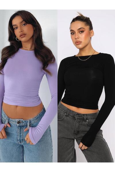 ÖZ PAMUK Bluză din lycra cu mânecă lungă din țesătură simplă, cu gâtul rotund