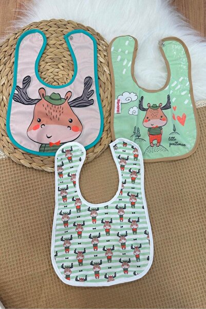 BEBENAZ alezli sıvı geçirmez leke tutmaz çıtçıtlı geyik desen 3'lü bebek mama...