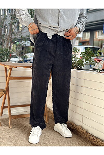 manch collection Pileli Baggy Kadife Pantolon Siyah