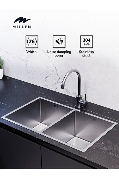 MILLEN Handmade Undermount Top Mount Double Bowl Sink – SUS 304, Soundproof, ...