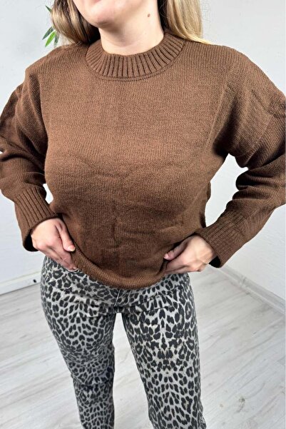 EXPLODE - Kadın Kahve Bisiklet Yaka Oversize Triko Kazak