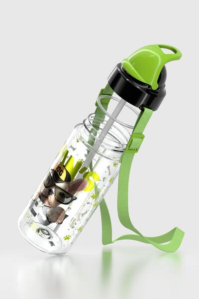 Renga Sonic Air Dog Patterned 500 ml Tritan Children's Water Bottle with Strap and Straw 912059 Black-Green