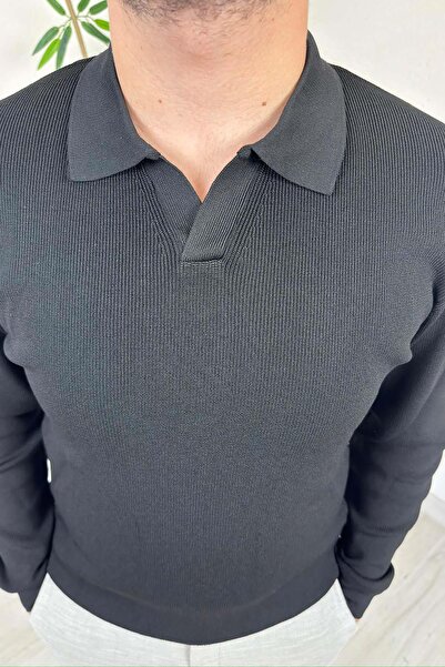 EXPLODE - Erkek Siyah Polo Yaka Regular Triko Kazak