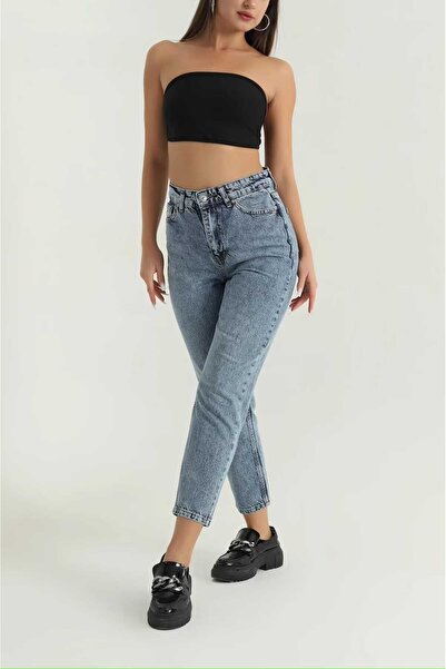 sion jeans Blugi Mom cu talie înaltă, cu detalii de spălare a zăpezii, care s...