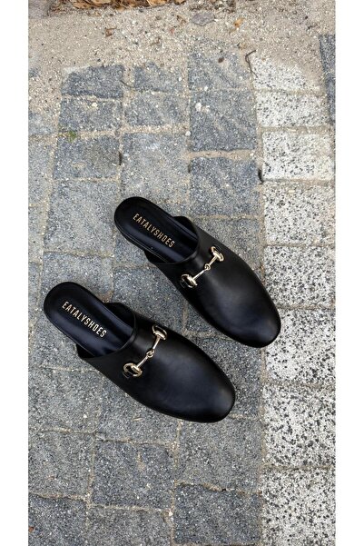 Eataly Shoes Black Leather Buckle Flat Model Slippers
