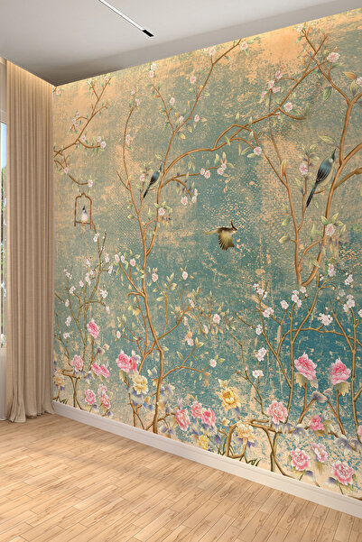 dreamwall Kuş ve Çiçek Desenli Vintage Tekstil Duvar Kağıdı