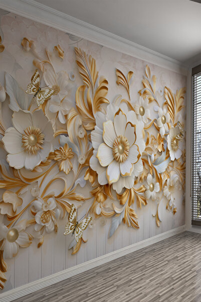 dreamwall Altın Detaylı 3D Beyaz Çiçekli İncili ve Kelebekli Tekstil Duvar Ka...