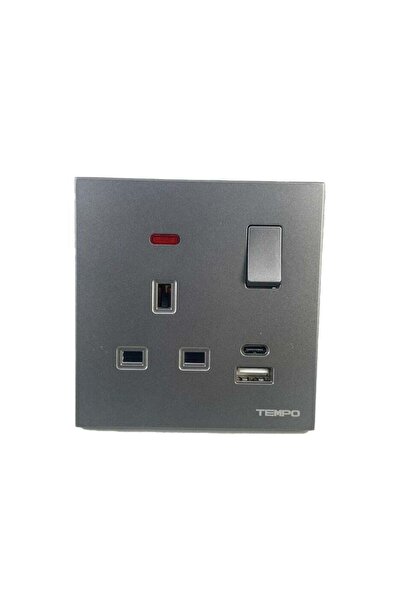 Tempo 13A 1 Gang Socket with USB & TYPE C Gray Slim Piano