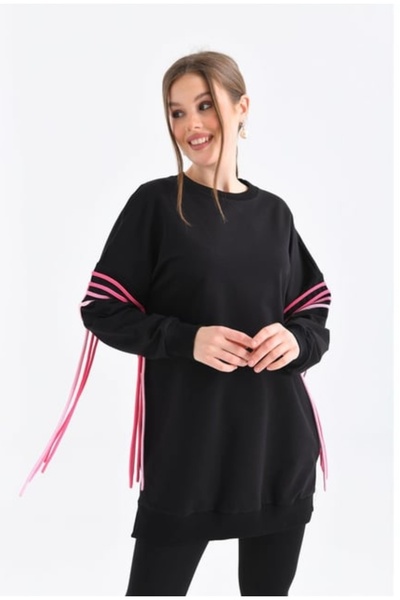 BURKAY Siyah Oversize PREMIUM Sweatshirt – Pembe Şerit Detaylı