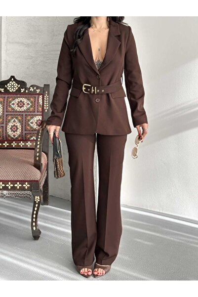 MYGİYİMİSTANBUL Belt Detail Blazer Jacket Wide Leg Pants Set