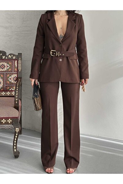 MYGİYİMİSTANBUL Belt Detail Blazer Jacket Wide Leg Pants Set