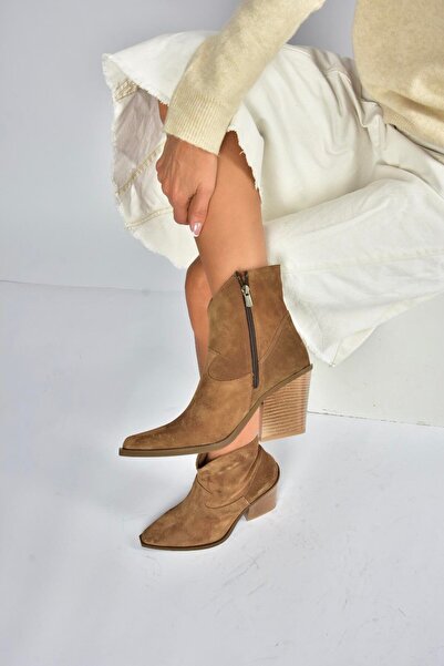 Fox Shoes V654081902 Taba Hakiki Deri Süet Kalın Topuklu Western Kovboy Kadın Bot