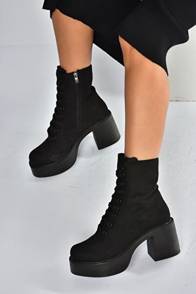 Fox Shoes V726681502 Siyah Süet Kalın Topuklu Bağcıklı Kadın Bot