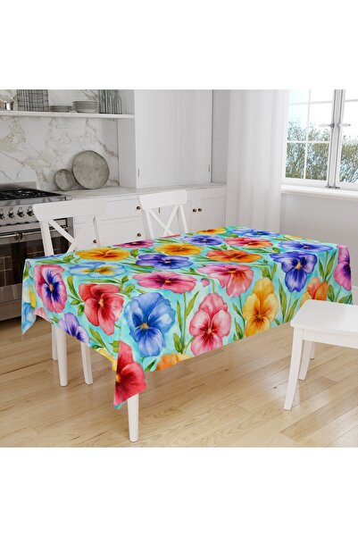 Else Dekor Colorful Poppy Flowers Patterned Digital Printing Suede Fabric Kitchen Tablecloth