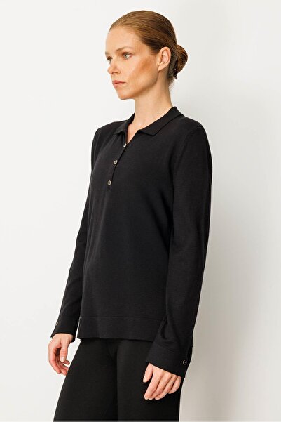 Desen Triko Women's Polo Neck Collar and Buttoned Sleeves Blouse Black