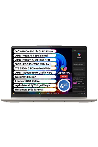 LENOVO YOGA 7 AMD Ryzen 7 350 CPU 16GB 1TB M2 SSD CoPilot + AMD Ryzen AI 50 Tops 14" OLED WUXGA