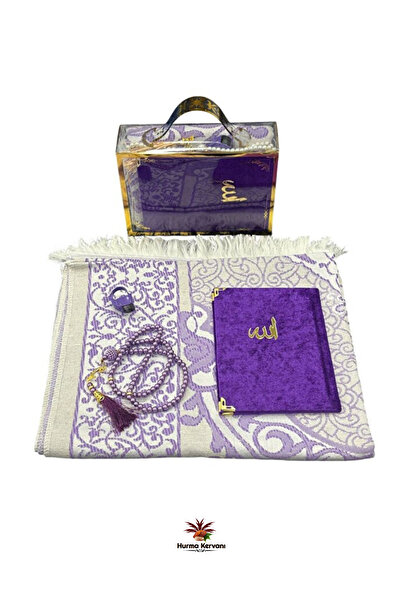 Hurma Kervanı Özel Çantalı Hediyelik Umre Seti | Şölin Seccade, Kadife Yasin, İnci Tesbih & Zikirmatik Mor