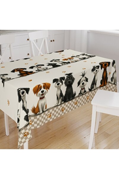 Else Dekor Cute Dogs Patterned Digital Print Suede Fabric Kitchen Tablecloth