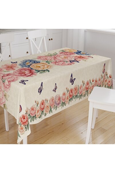Else Dekor Colorful Roses Patterned Digital Printing Suede Fabric Kitchen Tablecloth