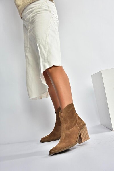 Fox Shoes V654081902 Taba Hakiki Deri Süet Kalın Topuklu Western Kovboy Kadın Bot