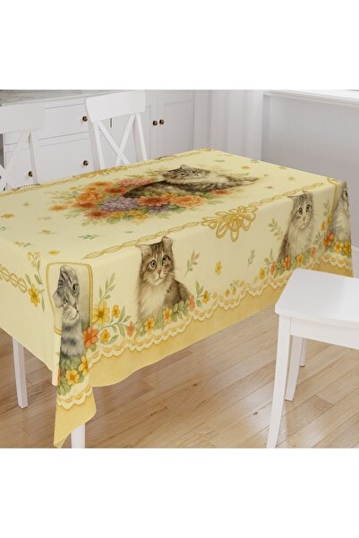 Else Dekor Cute Cats Patterned Digital Print Suede Fabric Kitchen Tablecloth