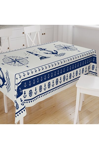 Else Dekor Blue Sailor Patterned Digital Print Suede Fabric Kitchen Tablecloth