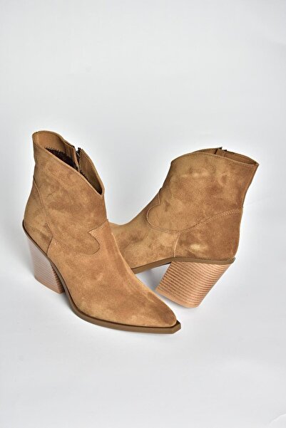 Fox Shoes V654081902 Taba Hakiki Deri Süet Kalın Topuklu Western Kovboy Kadın Bot