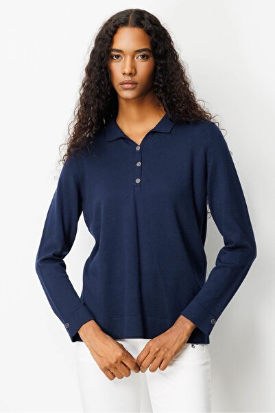 Desen Triko Women's Polo Neck Collar and Buttoned Sleeves Blouse Navy Blue
